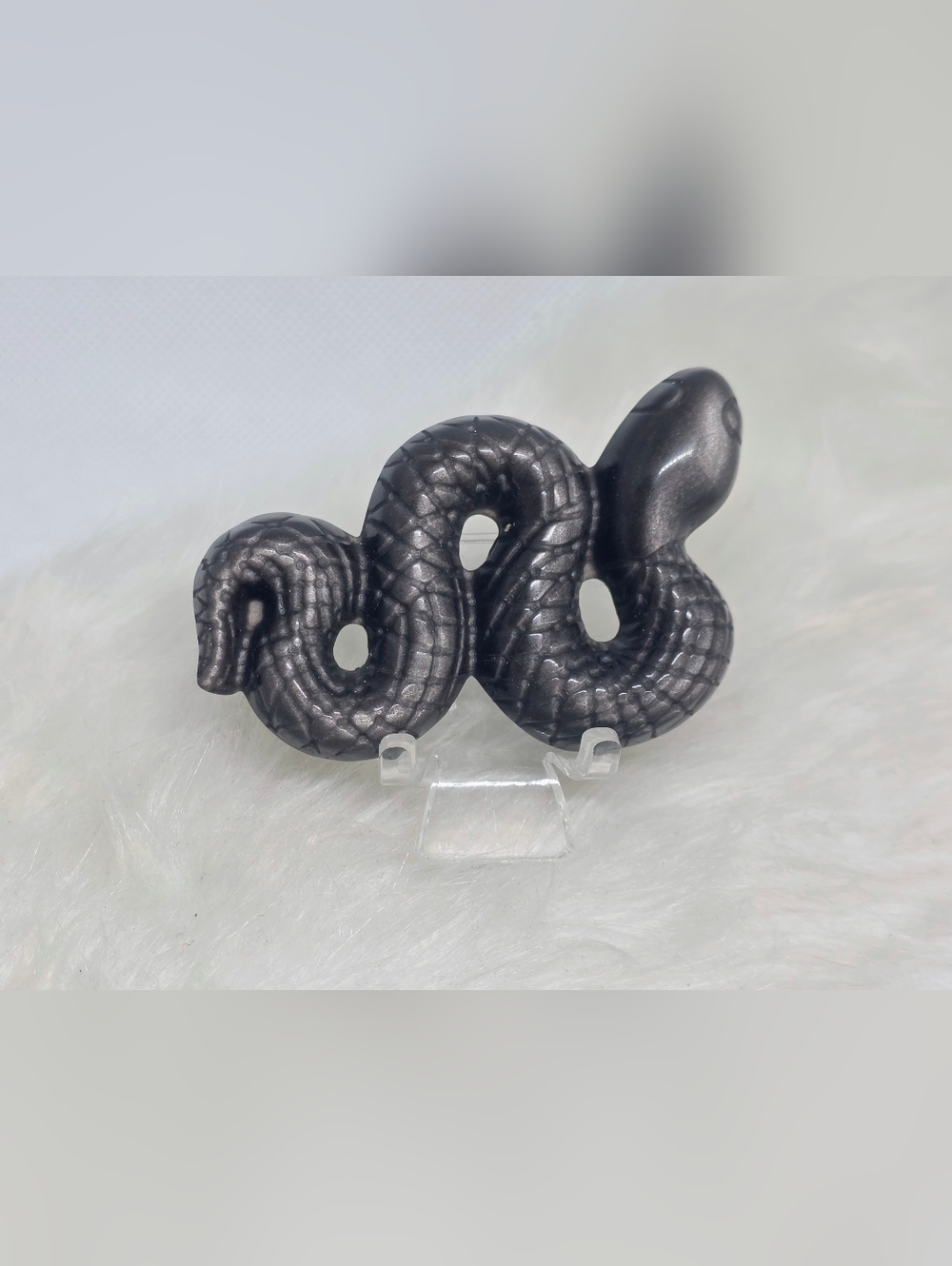Silver Sheen Obsidian Snake Carving Crystal Serpent Protective Stone 2.88